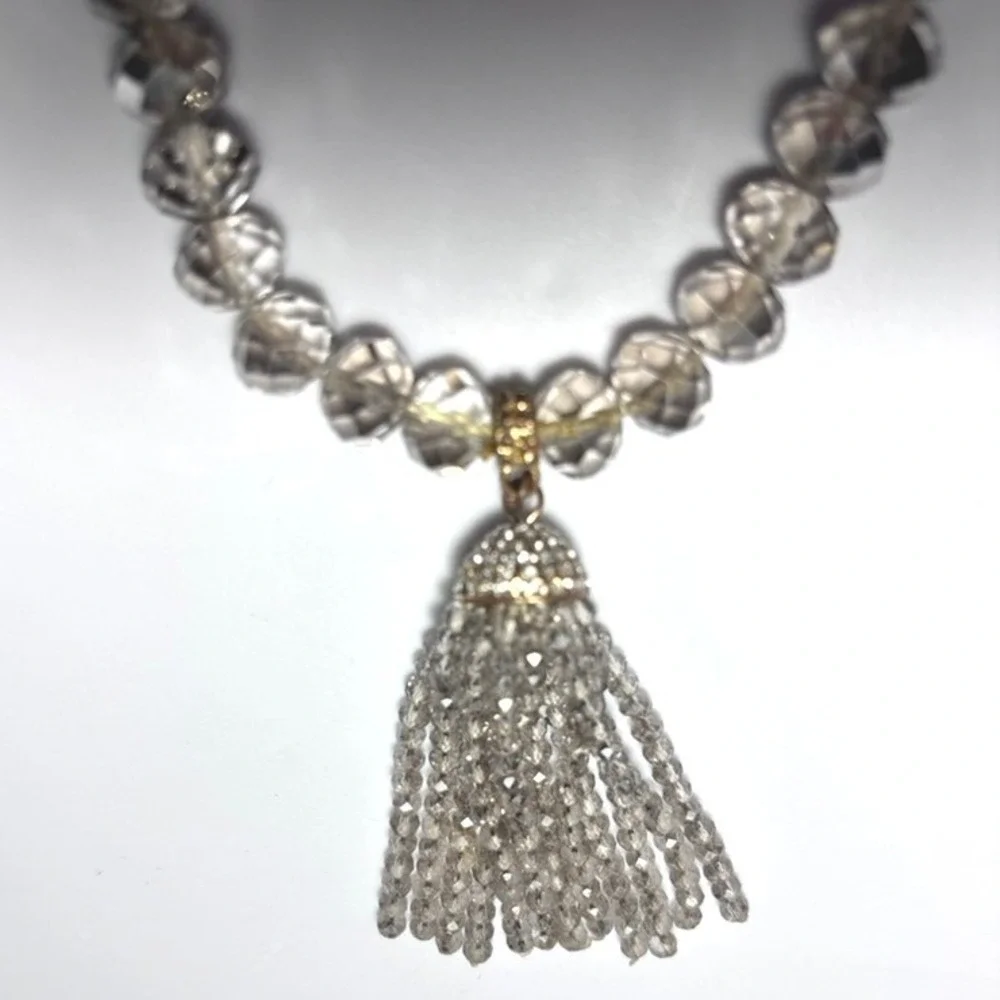 Clear Faceted Beaded Stretch Bracelet with Rhinestone Pave Beaded Tassel Charm